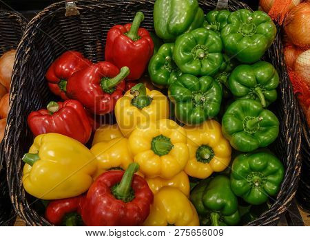 Close Up Of Beautiful Yellow, Red And Green Bell Pepper Or Pepper Paprika Or Sweet Pepper.