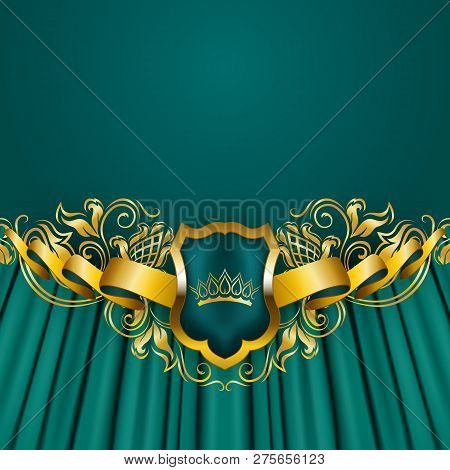Royal Background With Ornament, Shield, Gold Crown, Ribbon, Blazon, Place For Text In Vintage Style.