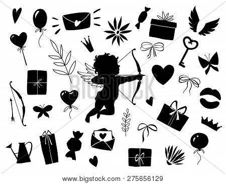 Valentines Day Set, Objects For Concept And Design, Vector Illustration Flat, Black. Heart, Key, Bow