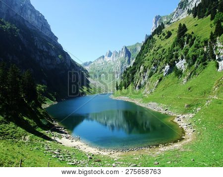 Alpine Lake Fahlensee In Mountain Range Alpstein - Canton Of Appenzell Innerrhoden, Switzerland