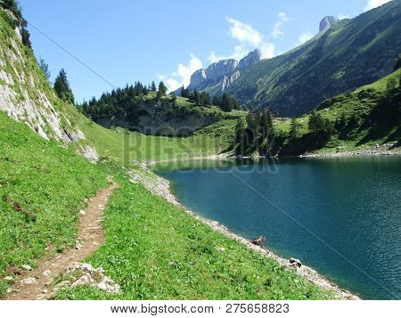 Alpine Lake Fahlensee In Mountain Range Alpstein - Canton Of Appenzell Innerrhoden, Switzerland