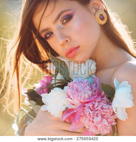 Spring Woman. Springtime And Vacation. Enjoying Spring Day. Woman With Fashion Makeup. Face And Skin