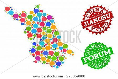 Social Network Map Of Jiangsu Province And Grunge Stamp Seals In Red And Green Colors. Mosaic Map Of