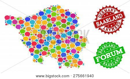 Social Network Map Of Saarland State And Scratched Stamp Seals In Red And Green Colors. Mosaic Map O
