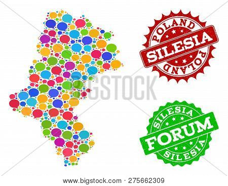 Social Network Map Of Silesia Voivodeship And Scratched Stamp Seals In Red And Green Colors. Mosaic 