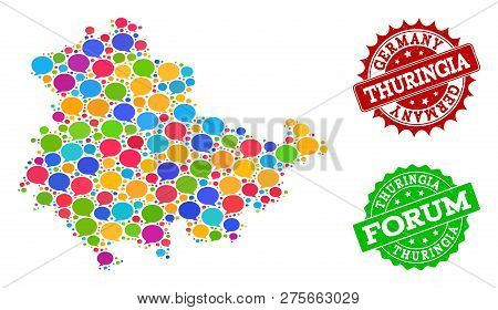 Social Network Map Of Thuringia State And Grunge Stamp Seals In Red And Green Colors. Mosaic Map Of 