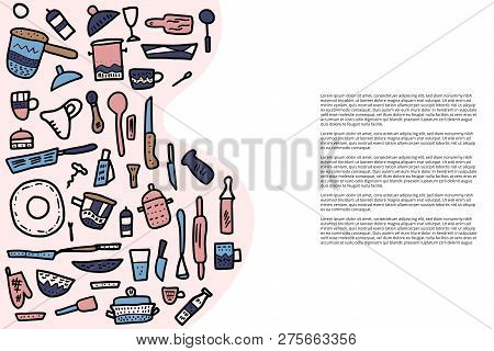 Vector Banners Template Of Kitchen Equipments In Doodle Style. Dishes And Tools Objects.