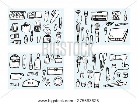 Vector Beauty Items. Set Of Doodle Style Cosmetic Tools. Makeup Collection.
