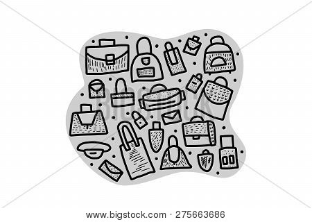 Set Of Bags In Doodle Style. Hand Drawn Woman Accessories. Vector  Illustration.
