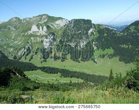 View To The Peaks Fahlenalp Over The Fahlensee Lake In The Mountain Mass Alpstein - Canton Of Appenz
