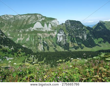 View To The Peaks Fahlenalp Over The Fahlensee Lake In The Mountain Mass Alpstein - Canton Of Appenz