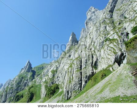 View To The Peaks Fahlenalp Over The Fahlensee Lake In The Mountain Mass Alpstein - Canton Of Appenz