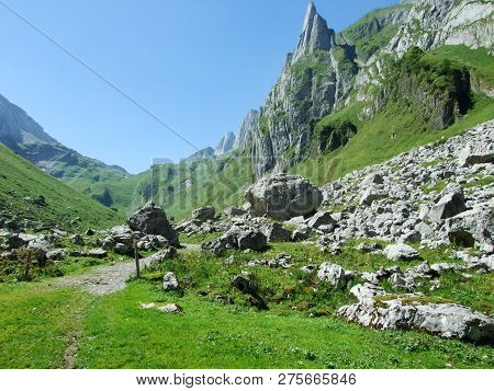 View To The Peaks Fahlenalp Over The Fahlensee Lake In The Mountain Mass Alpstein - Canton Of Appenz