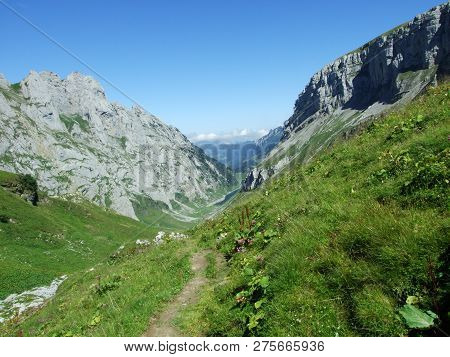 View To The Peaks Fahlenalp Over The Fahlensee Lake In The Mountain Mass Alpstein - Canton Of Appenz