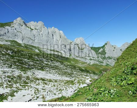 View To The Peaks Fahlenalp Over The Fahlensee Lake In The Mountain Mass Alpstein - Canton Of Appenz