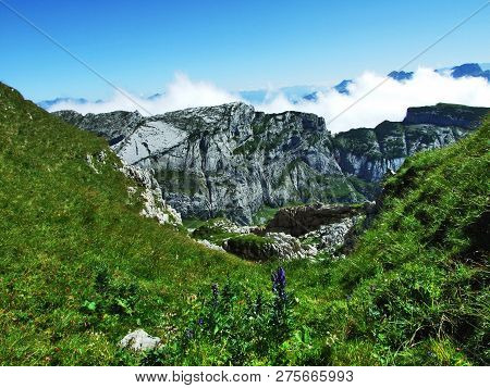 View To The Peaks Fahlenalp Over The Fahlensee Lake In The Mountain Mass Alpstein - Canton Of Appenz