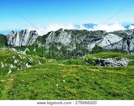 View To The Peaks Fahlenalp Over The Fahlensee Lake In The Mountain Mass Alpstein - Canton Of Appenz