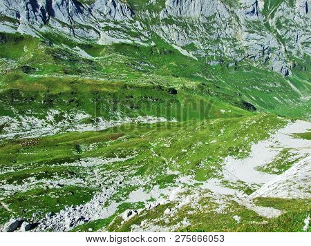 View To The Peaks Fahlenalp Over The Fahlensee Lake In The Mountain Mass Alpstein - Canton Of Appenz
