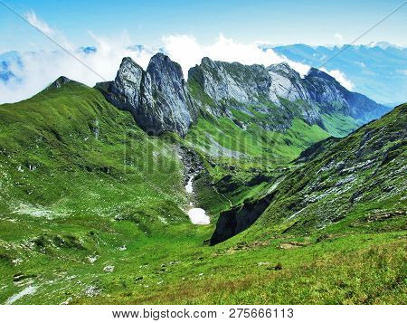 View To The Peaks Fahlenalp Over The Fahlensee Lake In The Mountain Mass Alpstein - Canton Of Appenz