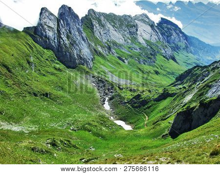 View To The Peaks Fahlenalp Over The Fahlensee Lake In The Mountain Mass Alpstein - Canton Of Appenz