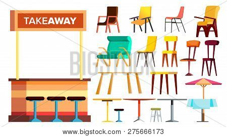 Cafe Furniture Set Vector. Takeaway. Interior Design Furniture Element. Table, Chair. Sidewalk Bistr