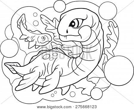 Cartoon Cute Little Plesiosaurus, Coloring Book, Funny Illustration