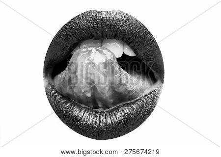 Female Open Mouth With Sexy Lips Purple Lipstick And Tongue Isolated On Whhite Background