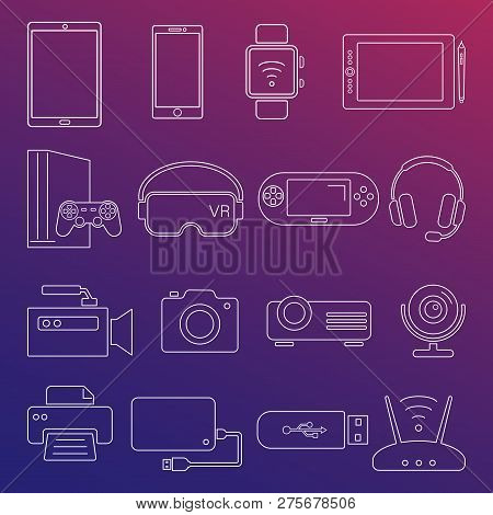 Digital Devices White Line Icons Isolated Set