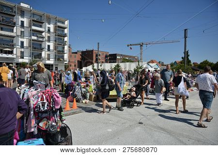Odense, Denmark - 15 July, 2018: Very Popular Flea Market In The Center Of Odense