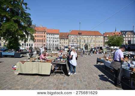 Copenhagen, Denmark - 13 July, 2018: Very Popular Flea Market In The Center Of Copenhagen