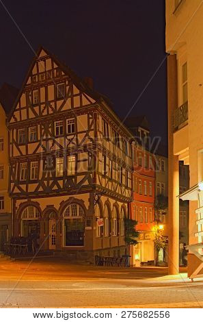 Wetzlar, Germany- September 06, 2018: Ancient Buildings In Old Part Of The Wetzlar City At Night. Th