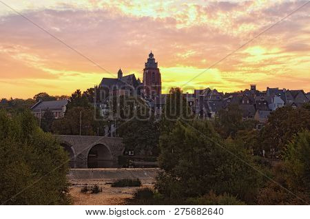 Magic Autumn Sunrise. Old Lanh Bridge In Wetzlar Over Lahn River. City Park And The Wetzlar Cathedra