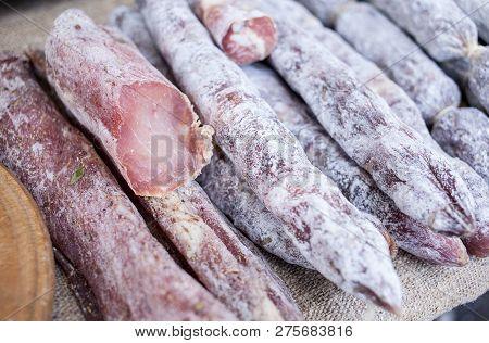Traditional Sausage Is Dry In Market. Gastronomic Products For Gourme. French Dry Sausages