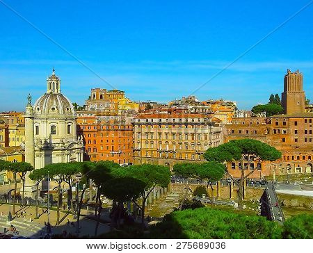 Market Of Traiano Seen From The Capitol Hill In Rome, Ruins Of Roman Forum In Rome, Italy