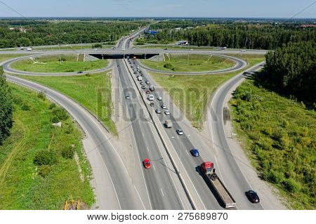 Tyumen, Russia - August 3, 2016: Bird Eye View Onto Outcome Of Roads On Irbit Path With Bypass Way