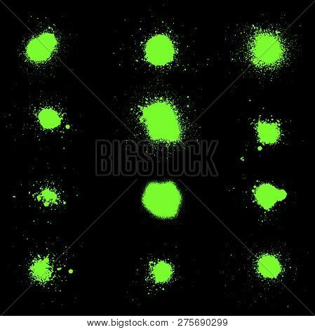Various Green Spray Paint Graffiti Decorative Splatters. Vector Splat Set On White Background