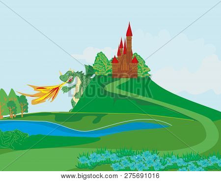 Dragon Attacks The Kingdom Castle , Vector Illustration