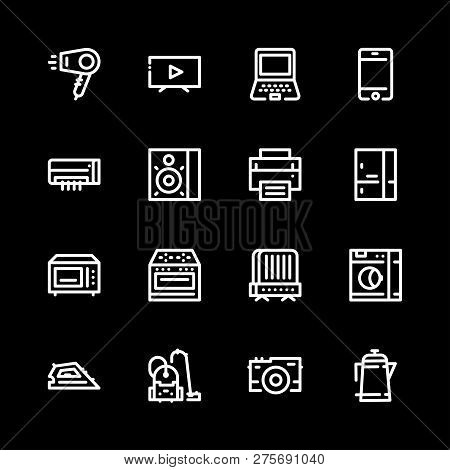 Icons Of Household Appliances Are Flat, White On A Black Background, Tv, Stove, Oven, Hairdryer, Ket