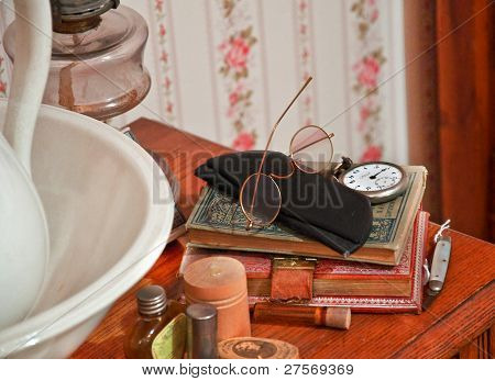 Vintage Reading Glasses, Books, Pocket Watch And Objects