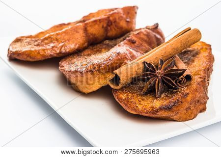 Traditional Christmas Rabanadas. Spanish Torrijas Isolated On White Background.