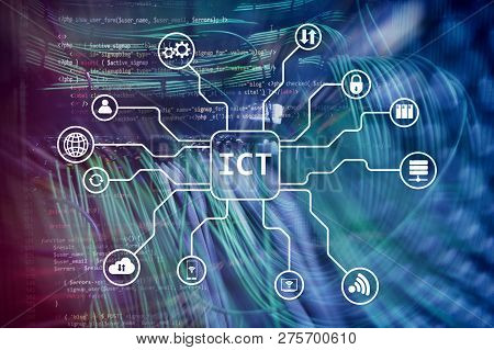 Ict - Information And Communications Technology Concept On Server Room Background.