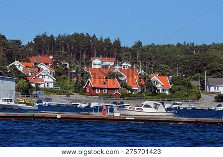 Marina of the Norwegian fishing town Hvaler . June 19,2018. Hvaler,Norway