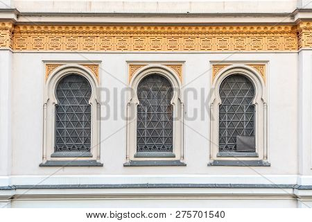 Picturesque Windows Of Spanish Synagogue In Josefov, Prague, Czech Republic. Detailed View