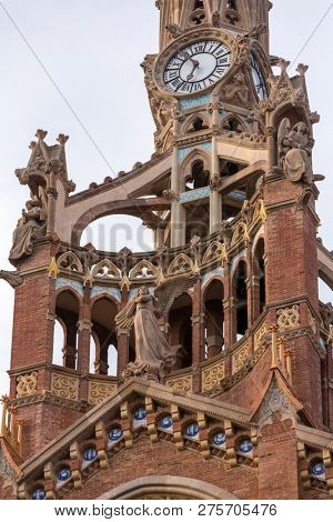 Barcelona, Spain - March 25, 2018: Hospital Sant Pau Recinte Modernista. Barcelona, Catalonia, Spain. Detail of the main tower