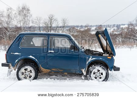 Moscow, Russia - December 25, 2018: Broken Blue Russian Off-road Car Lada Niva 4x4 (vaz 2121 / 21214