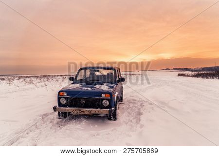 Moscow, Russia - December 25, 2018: Blue Russian Off-road Car Lada Niva 4x4 (vaz 2121 / 21214) Parke