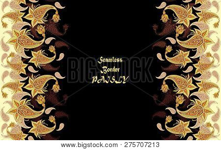 Seamless Border Pattern Or Texture With Paisley Beige Olive Orange Brown On Black  For Decoration Cl