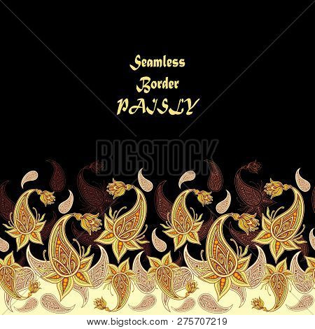 Seamless Border Pattern Or Texture With Paisley Beige Olive Orange Brown On Black  For Decoration Cl