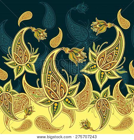 Seamless Border Pattern Or Texture With Paisley Yellow Olive Orange Brown On Dark Blue  For Decorati