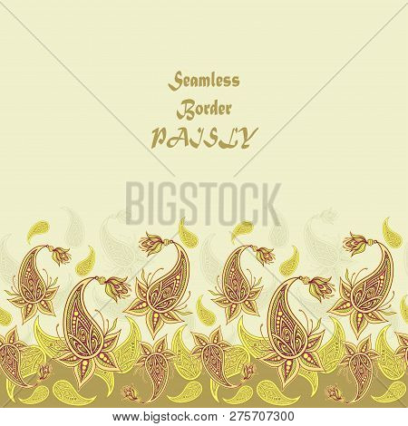 Seamless Border Pattern Or Texture With Paisley Beige  Olive Orange Brown On Light For Decoration Cl